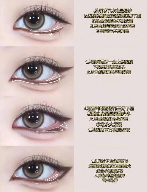 化眼妆步骤_浅棕色打底，黑加彩眼线，珠光卧蚕，自然假睫毛睫毛刷法