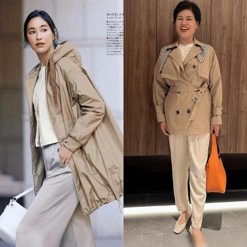 50岁风衣最佳颜色搭配_米白浅杏驼色卡其风衣显白，雾霾蓝粉色添气质，配饰提精致