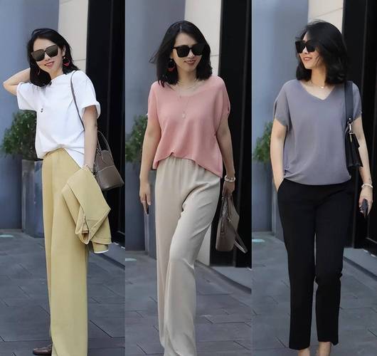 韩国50岁女人穿衣搭配_短发浅色系，高腰裙显气质